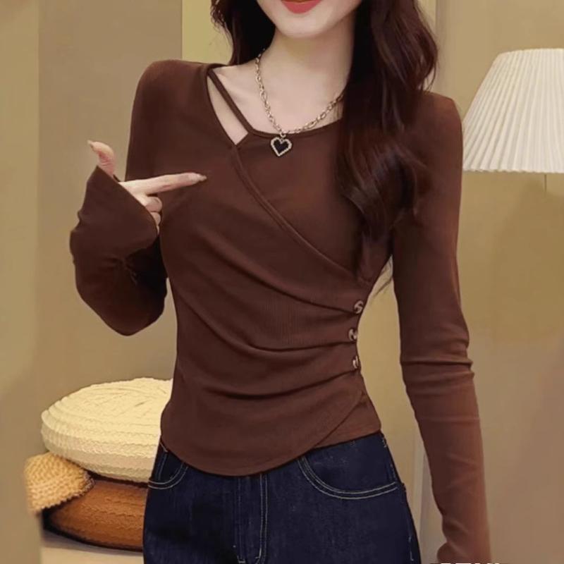Long-sleeved T-shirt for Women's Autumn and Winter New Inner Bottoming Shirt, Slim-fitting, Meat-covering and Thin Front Shoulder Top for Women