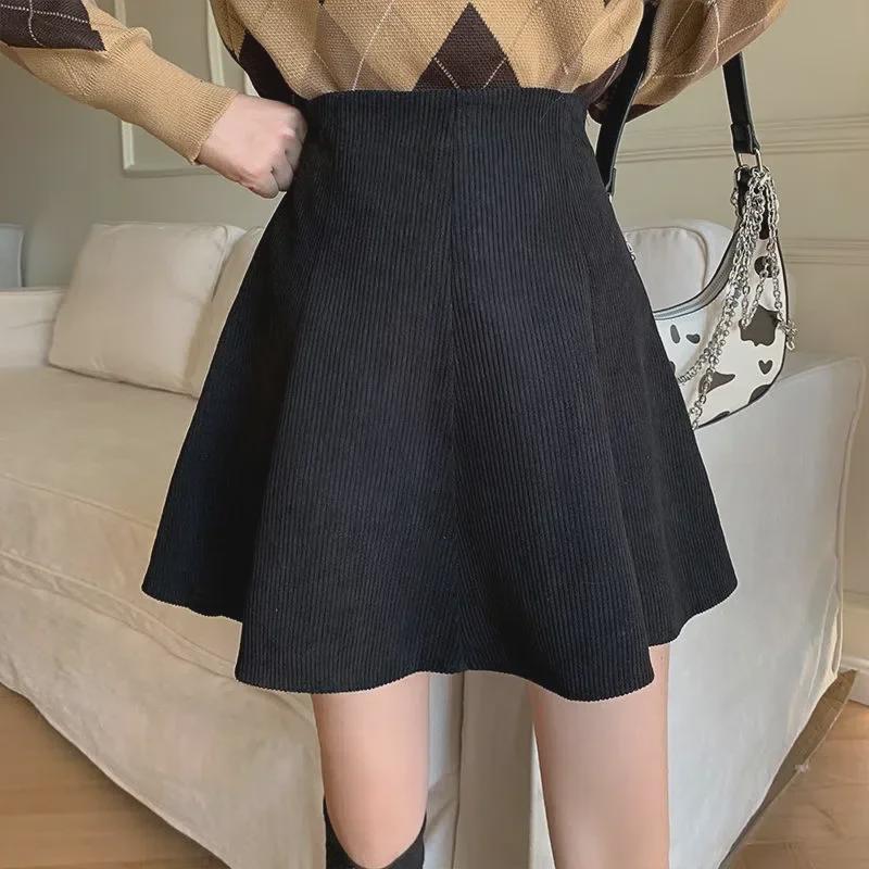 Women's Black High-Waist Corduroy A-Line Skirt - Slim Fit, Casual, Short, for Fall/Winter 2022