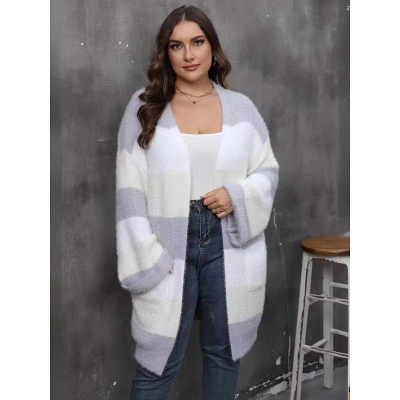 Women's Cardigan Plus Size Color Block Patchwork Woven Sweater Double Pocket Striped Sweater Coat