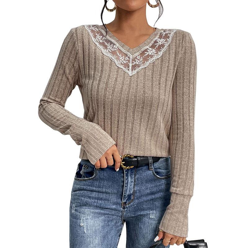 Fashion Casual Tops Shirts Clothing Fashionable and Casual Temperament Spring and Autumn Women's Splicing Solid Color Long Sleeve V-Neck Knit Sweater