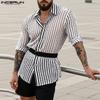 Men Lapel Neck Long Sleeve Patchwork Hollow Out Fishnet Tops Mesh Sheer Shirts
