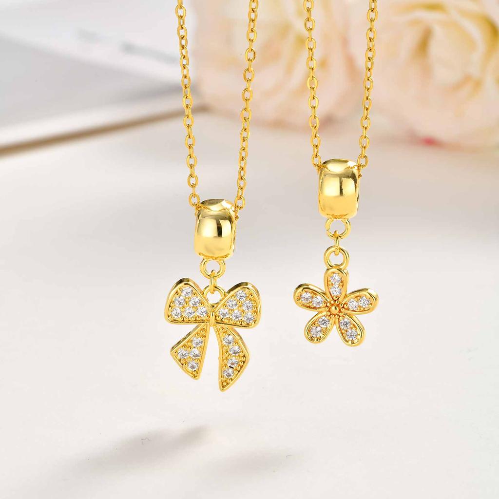 Pave Cubic Zirconia Charms Bowtie Flower Pendant Necklace for Women, Fashion Stainless Steel Clavicle Chain Necklaces Wholesale