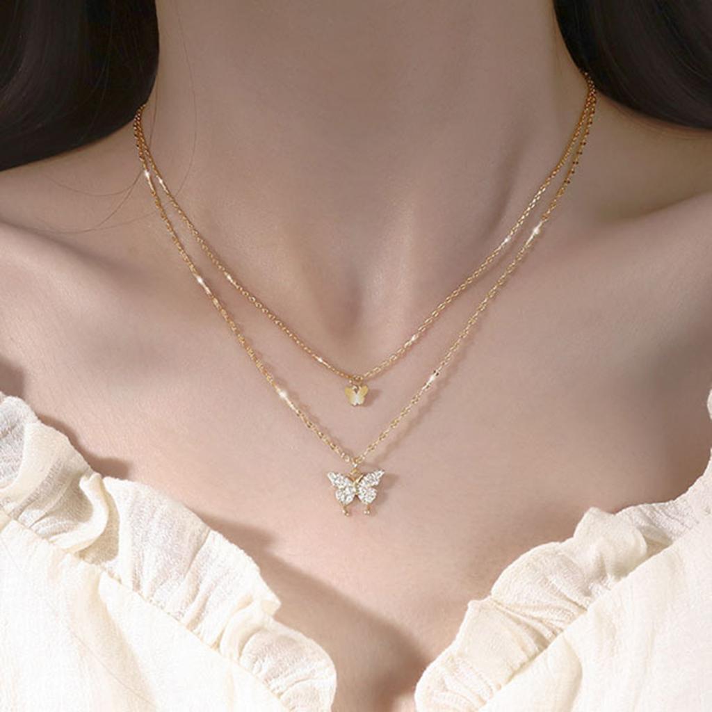 Sweet Light Luxury Shiny Butterfly Necklace Elegant Women Double Layered Necklace Exquisite Clavicle Chain Jewelry Accessories