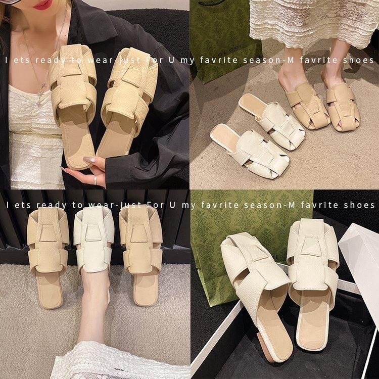 [Ushilai] French retro square head woven slippers women's spring 2025 new fashion outer wear one pedal