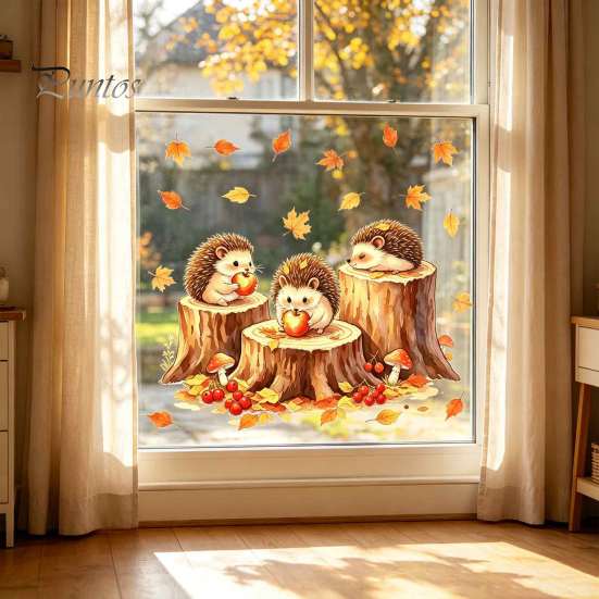 Fall Seasonal Home Decor Little Hedgehog Tree Stump Static Sticker, Watercolor Decorative Window Glass Stickers Decal, Reusable PVC Cling for