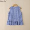 ZANZEA Womens Summer Round Neck Sleeveless Plaid Print Tank Tops