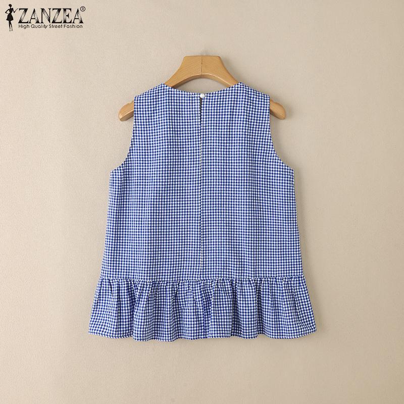 ZANZEA Womens Summer Round Neck Sleeveless Plaid Print Tank Tops
