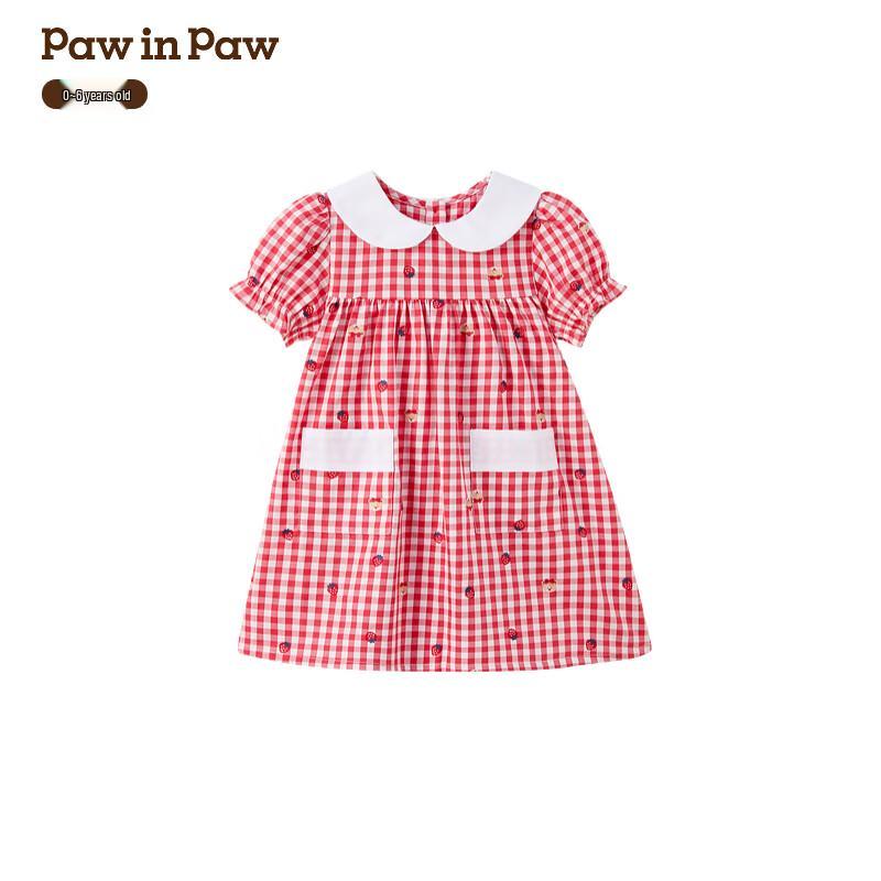 PawinPaw Girls  Plaid Collar Cartoon Bear Dress 130