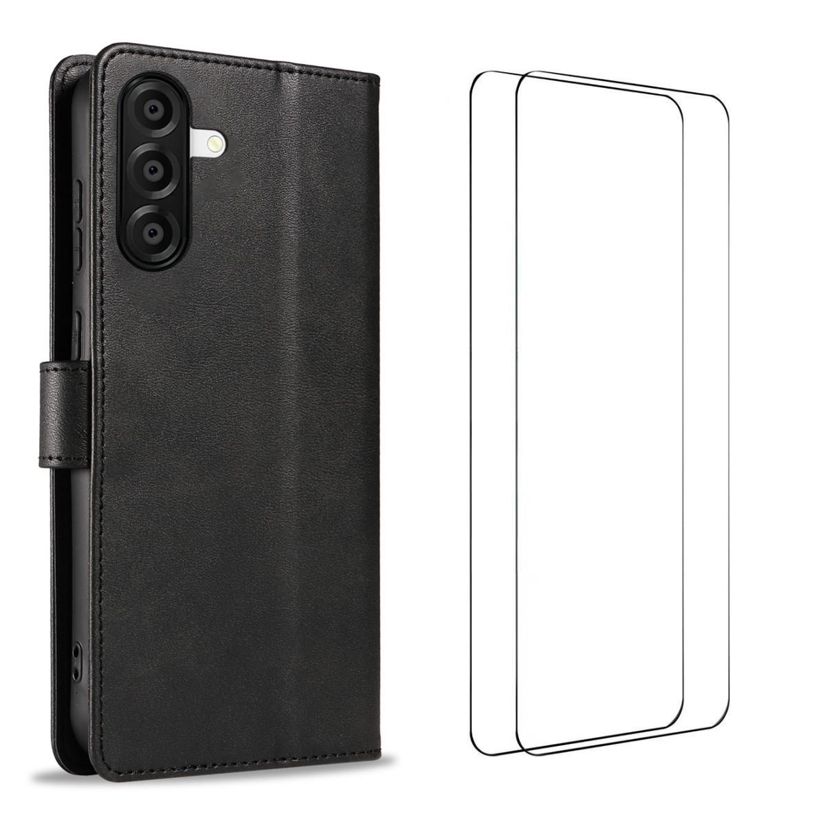 

For Samsung Galaxy A26 5G Case with 2Pcs Tempered Glass WANLONFENG WN Series Calf Texture Leather Phone Cover Big Cutouts