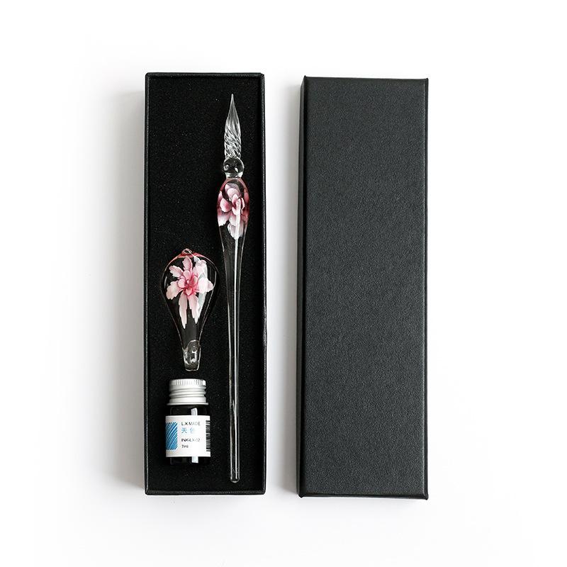 Embedded Flower Glass Pen Set, Colored Dipping Pen, Street Vendor Gift Box, Signature Pen, Glass Pen Gift
