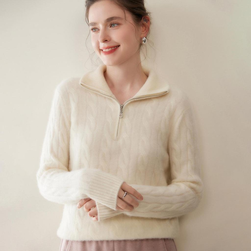 Women's Retro High-Neck Cashmere Sweater - Half-Zip, Loose-Fit for Autumn/Winter.