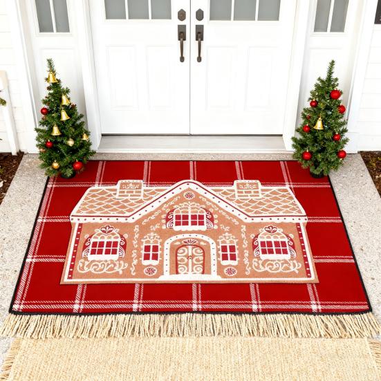 Gingerbread House Christmas Rug Gingerbread Welcome Door Mat Christmas Non Slip Entrance Rug