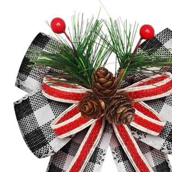 Christmas Burlap Plaid Bow with Pine Cones Pine Needles Large Buffalo Plaid Bow Xmas Wreath Checkered Bow for Holiday Crafts Home Party Tree Decor
