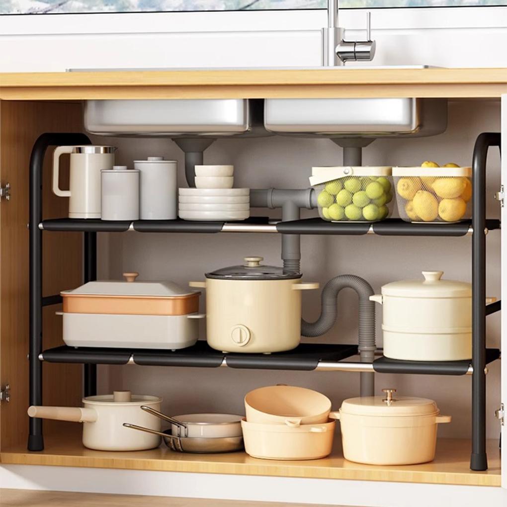 Metal Multifunctional Sink Organizer Adjustable Rack For Under Sink Storage Retractable Storage Rack