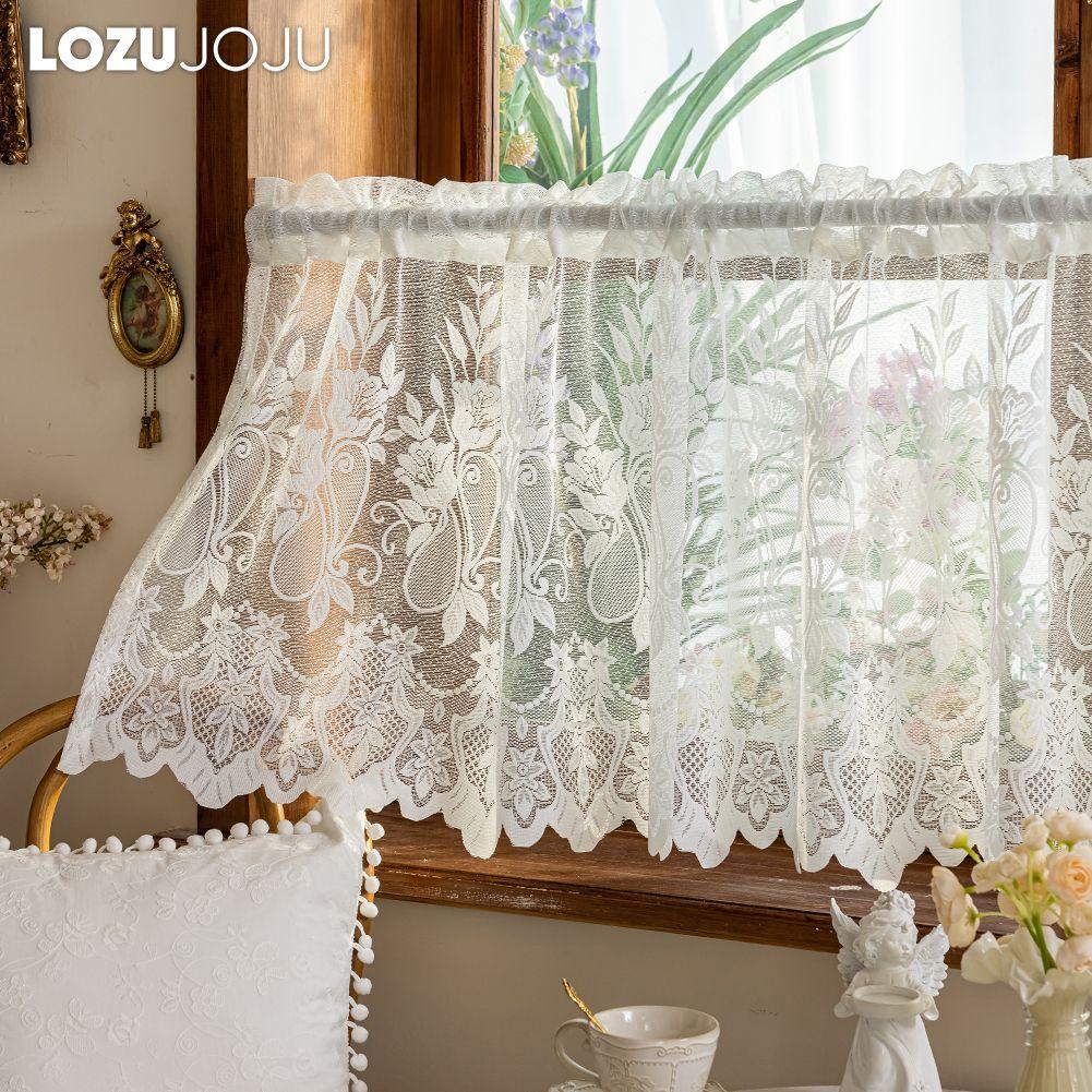 1PC LOZUJOJU French Retro Lace Short Curtain, Rustic Style, Lightweight Sheer Curtain for Living Room Kitchen Cupboard Window Home Decor