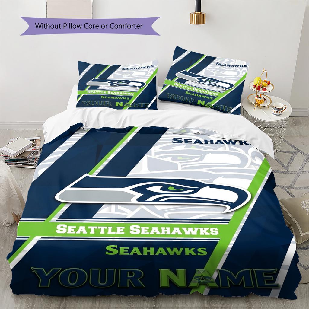 Name Custom Seattle Seahawks Logo Pattern Bedding Set Quilt Cover Pillowcase Home Decor Gift (1 * duvet cover + 2 * pillowcase, without core)