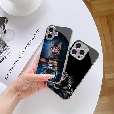 N149 Cat Tiger Design Art Phone Case for iPhone 16 15 Pro Max Samsung S24 Ultra A54 A35 Xiaomi Redmi Note 13 12 Pro Plated Frame Tempered Glass Cover