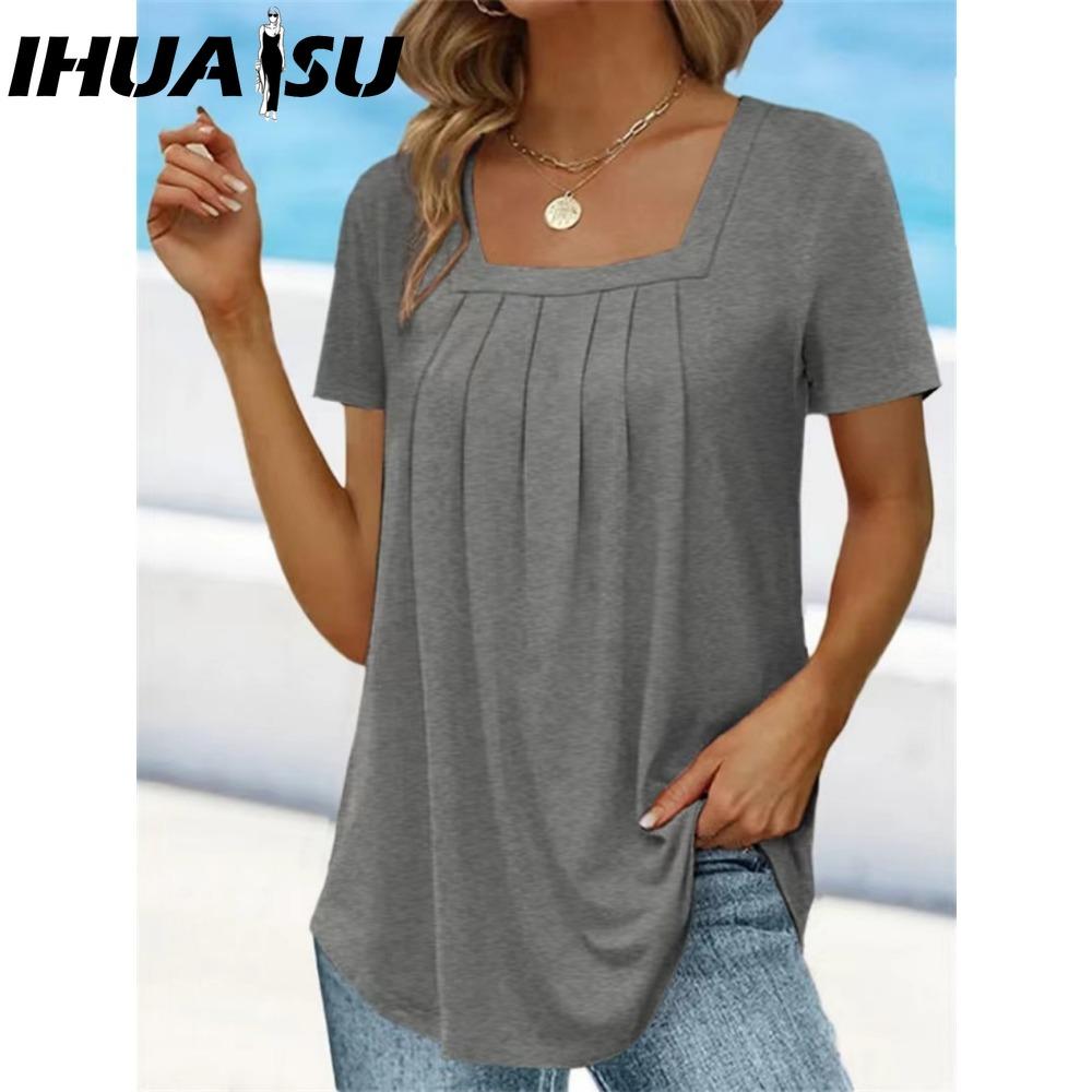 

IHUASU Женские модные повседневные однотонные блузки и рубашки с принтом и коротким рукавом XXXL серый