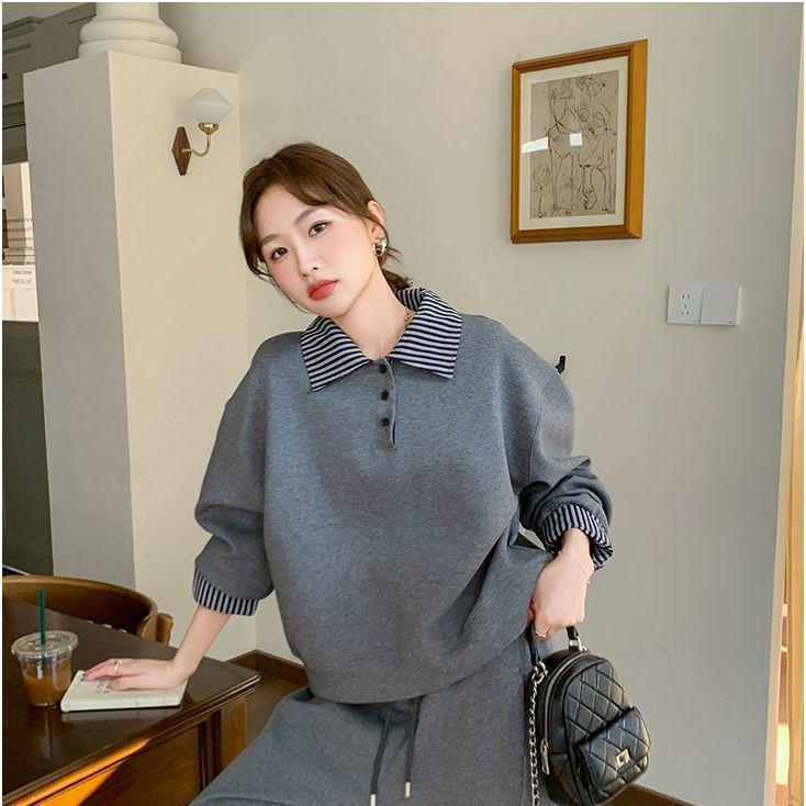 Early Autumn Slimming Two-Piece Set: Polo Collar Hoodie & Sweatpants - Cotton Casual Sport, Loose & Thin Fit