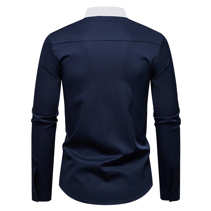 Men's Stand Collar Contrast Panel Dress Shirt Long Sleeve Fashion Slim-Fit Top for Men Spring Autumn Multi-Color Male Formal Blouse