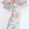 Girls Latin Dance Costume Kid Crop Top Shorts with Tassels Arm Sleeve Sequins Dance Outfit for Party
