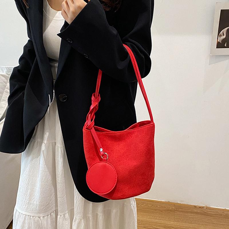 Solid Color Women Suede Shoulder Bucket Bags Large Capacity Versatile Ladies Underarm Tote Casual Female Phone Handbags Purse CLE