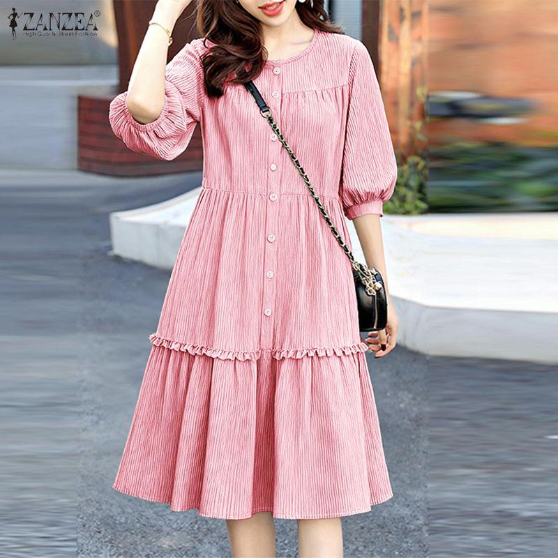 ZANZEA Women Casual Round Neck Half Sleeve Loose Stripe Dress