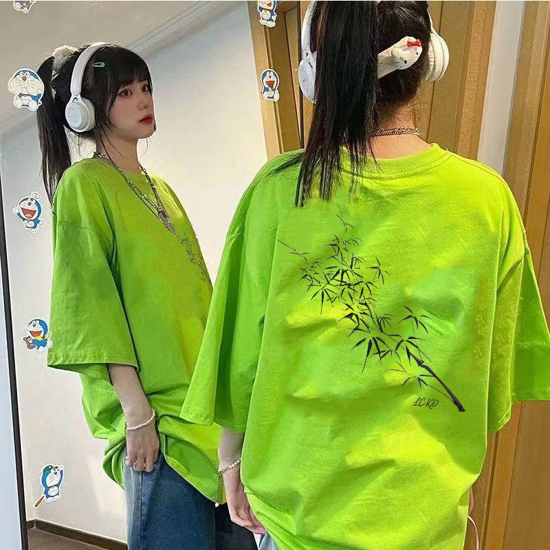 

190 г Тяжелая футболка из бамбука с коротким рукавом свободного кроя – Унисекс в ретро-стиле L флуоресцентный зеленый