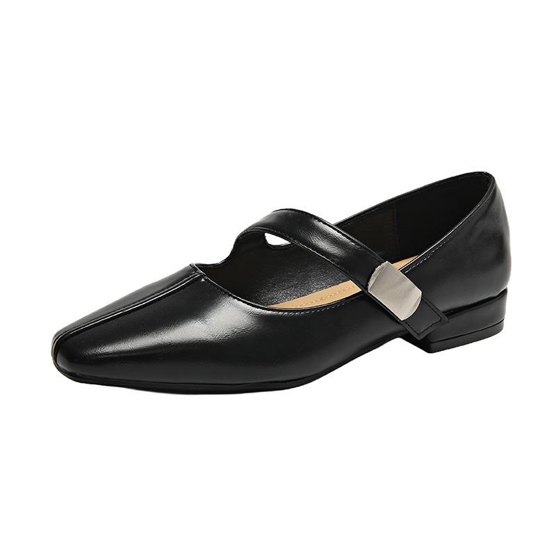 Square head shallow mouth single shoes women's new spring and autumn leather one-word with small leather shoes thick heel medium heel women's shoes