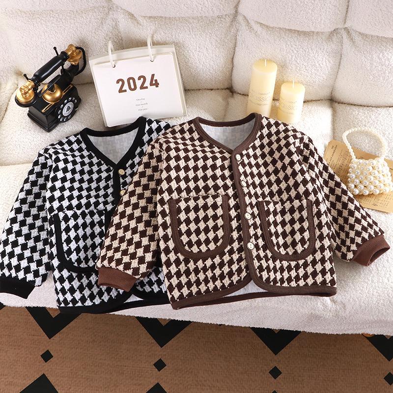 Children's Houndstooth Coat: Stylish Fragrant-Style Cardigan for Girls - Perfect for Autumn and Spring