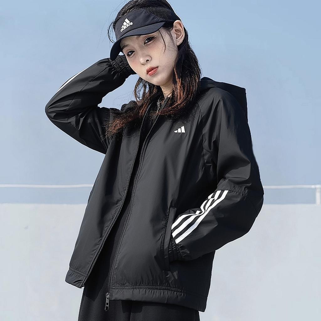 adidas Wind.Rdy Hyperglam Striped Logo Print Long Sleeve Hooded Jacket Women Outerwear Black IS8036