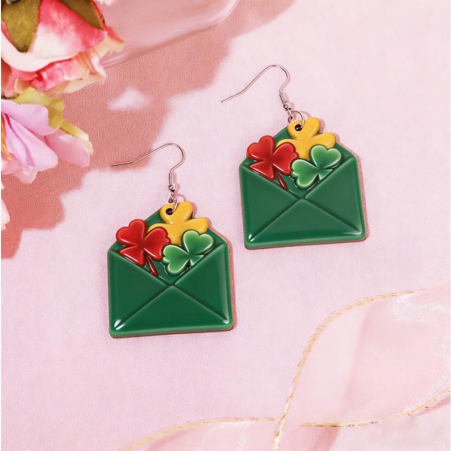 Stylish Elegant Envelope Shape Drop Earrings Irish Festival 2D Acrylic Design Shamrock Earrings