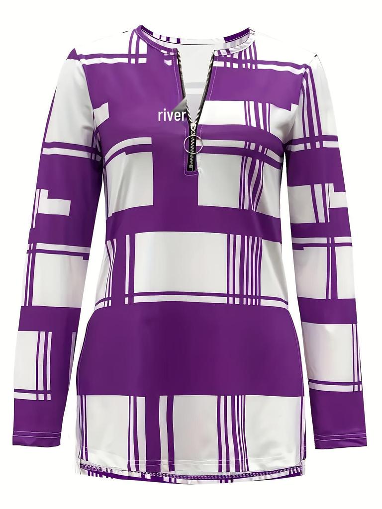 2025 Plus Size Women's Color Block Long Sleeve Zipper Shirt with Digital Print