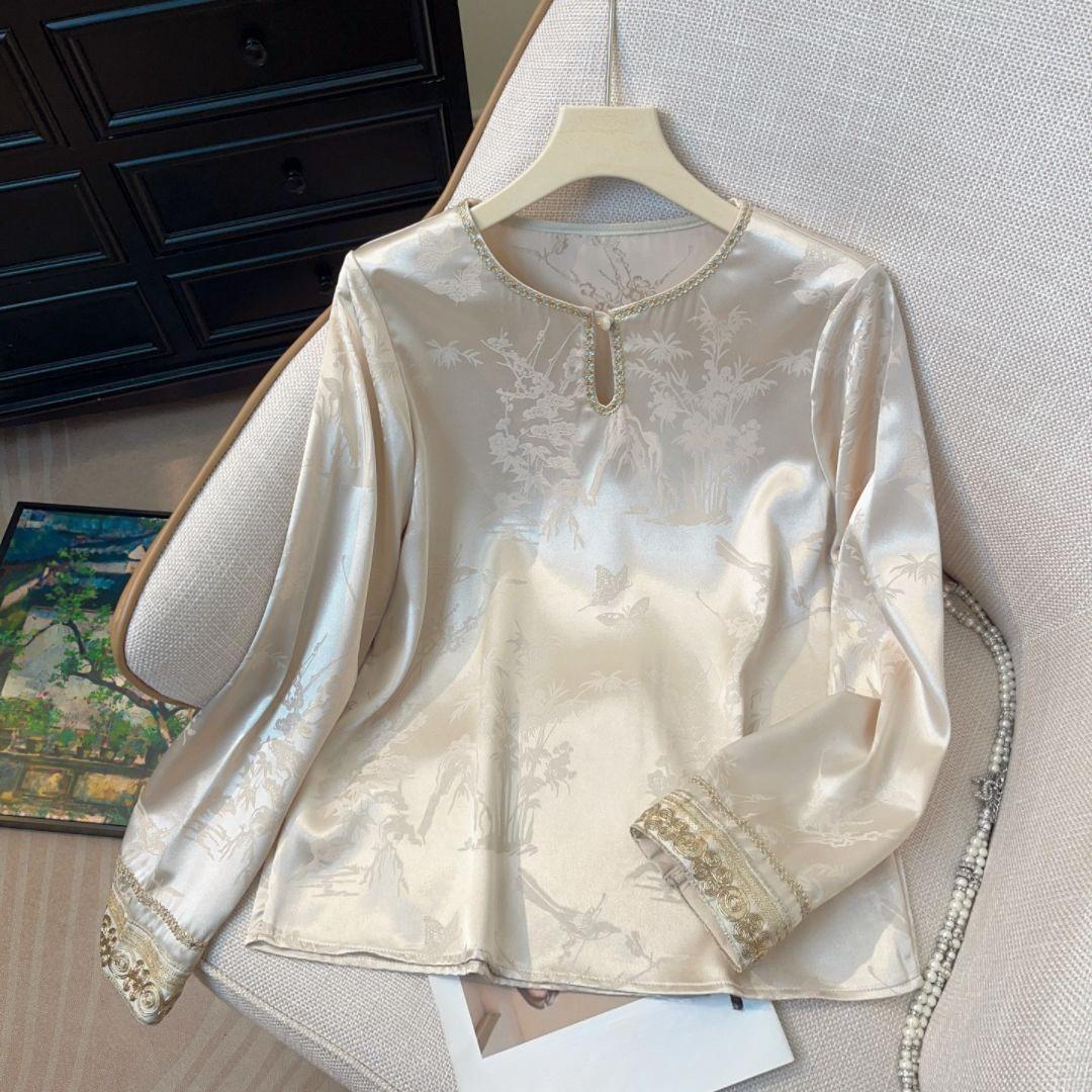 Women s Long-Sleeve Embroidered Round-Neck Blouse Spring Designer Pullover Blouse S шампанского