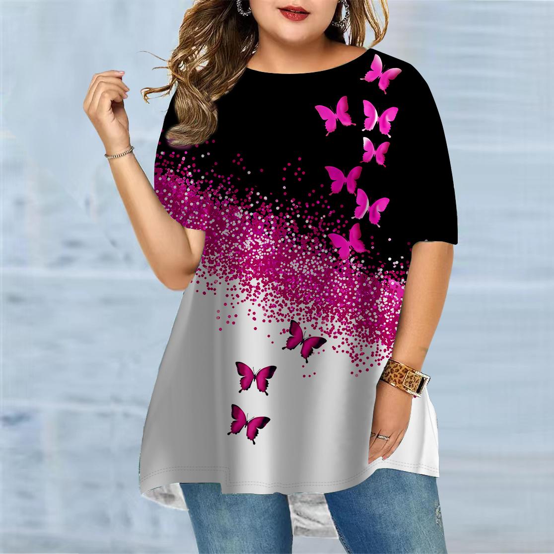 

Женская летняя футболка с диагональным принтом бабочки больших размеров, удобная футболка с короткими рукавами и круглым вырезом, повседневная мешковатая футболка средней длины 8XL розовый
