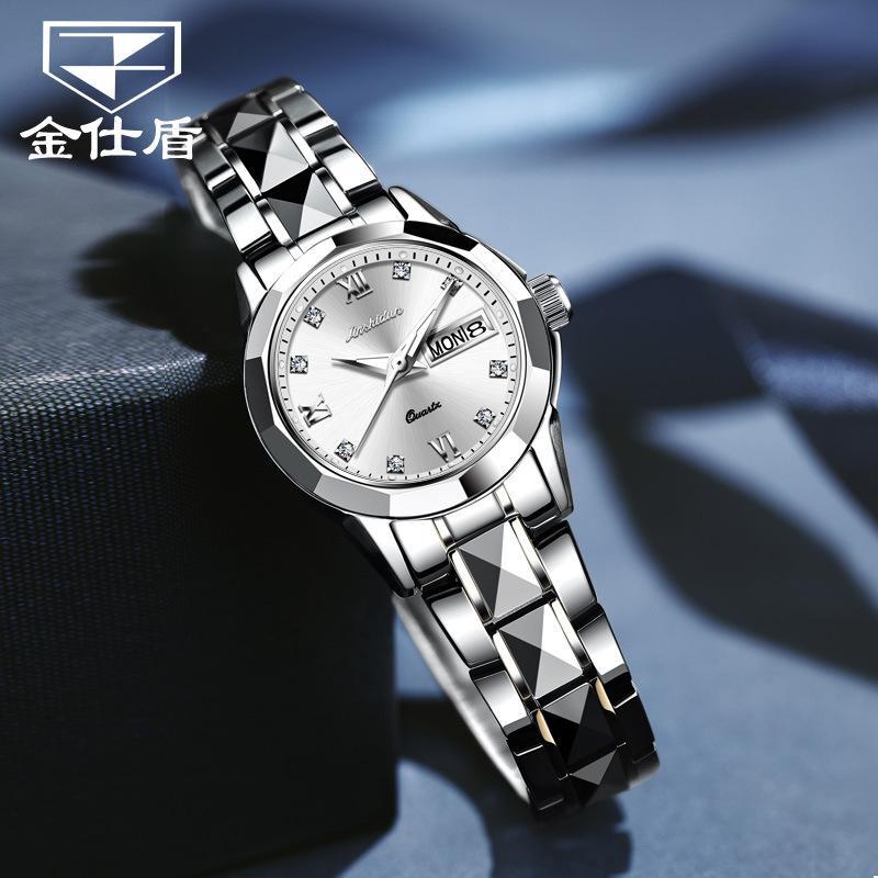 JINSHIDUN New Business and Leisure Ladies Watch Single Calendar Tungsten Steel Mechanical Watch Luminous Waterproof High-end Watch