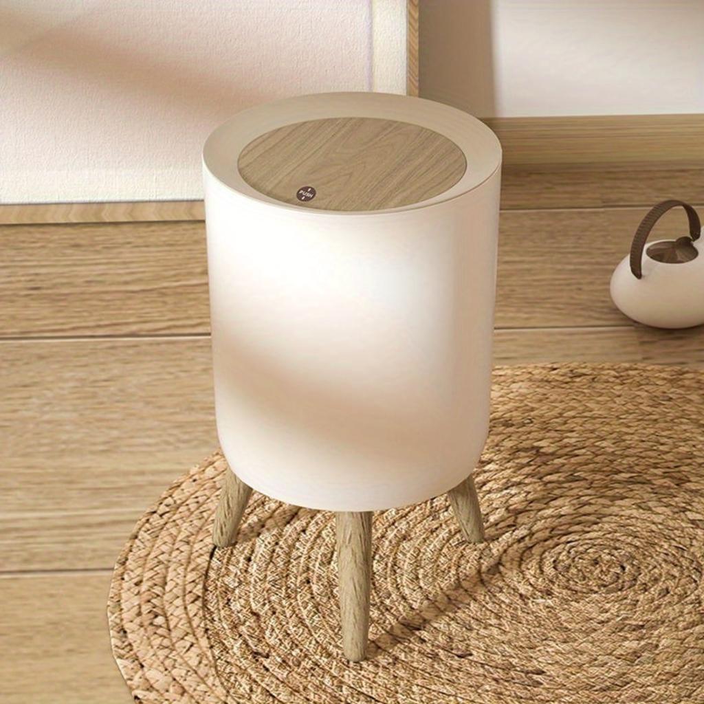 1pc Free-standing Garbage Can, Press Type Trash Can With Lid, Creative High Legged Circular Household Wastebasket, Essential