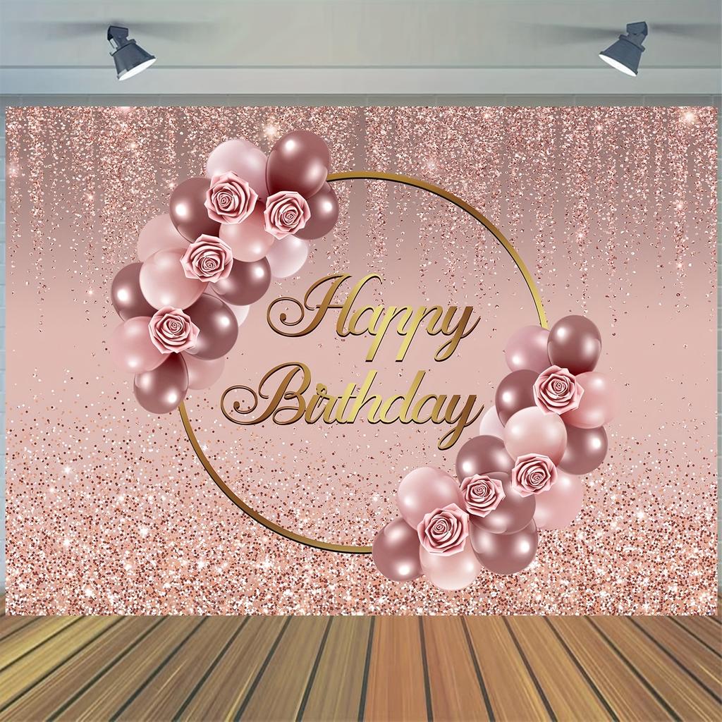 Rose Gold Happy Birthday Background Pink Rose Gold Flower Balloon Rose Gold Scattered Photography Background