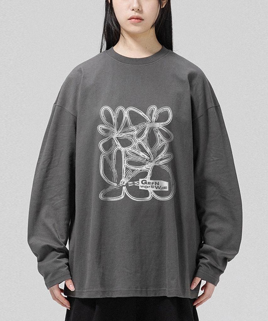 Geulaenpini Line Flower Oversized Long Sleeve - Grey