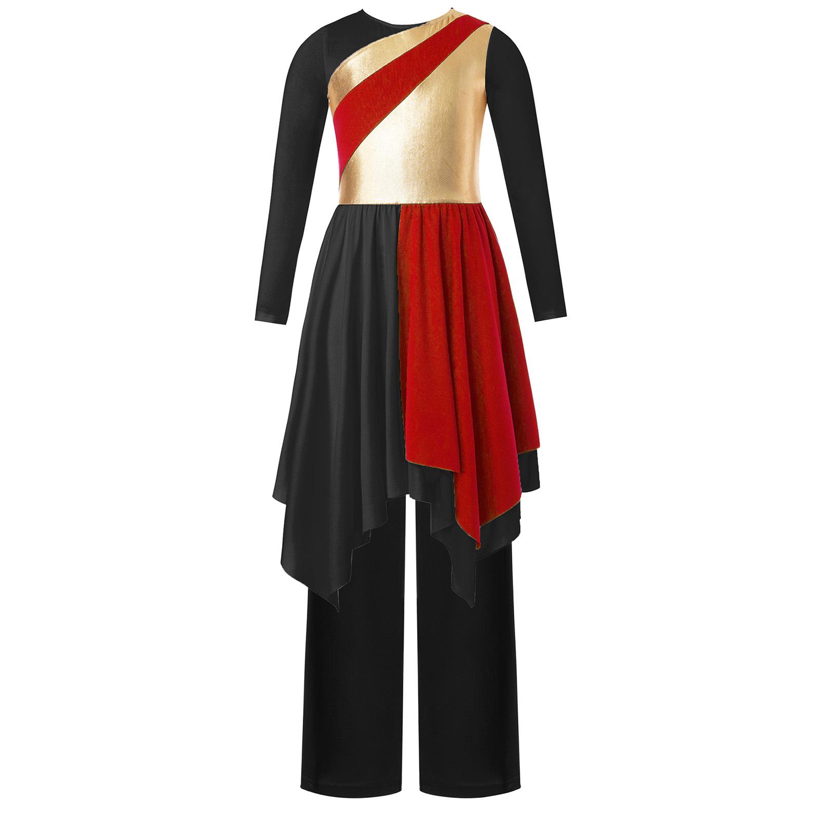 

Girls Praise Lyrical Dance Outfit: Long Sleeve Asymmetrical Hem Metallic Color Block Dress with Wide-Leg Pants for Worship Performance 5-6 Years червоний