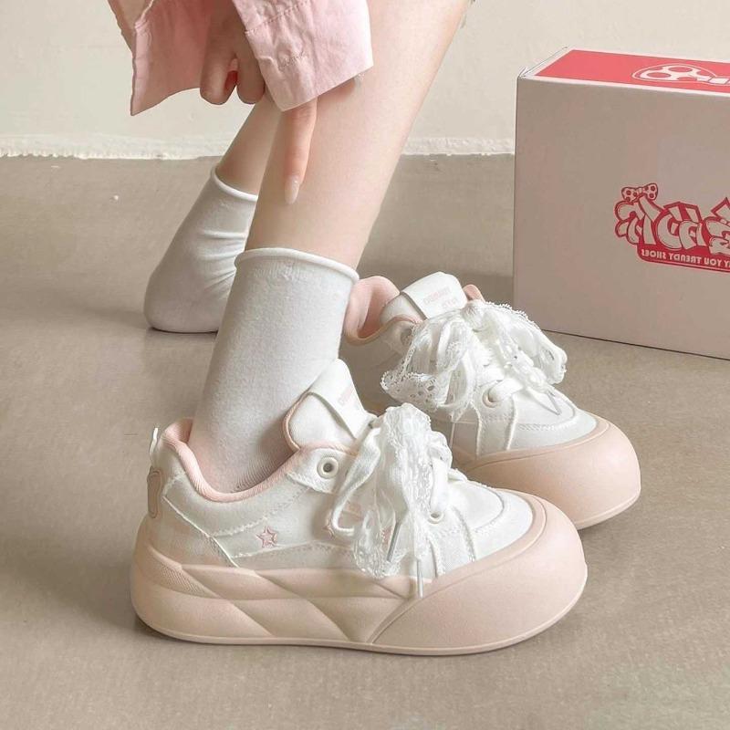 

Мода Comemore Милые Хлебные Туфли Толстая Подошва Белые Кроссовки Женские 2025 Новые Весна Осень Повседневные На Шнуровке Круглый Носок Кеды 40