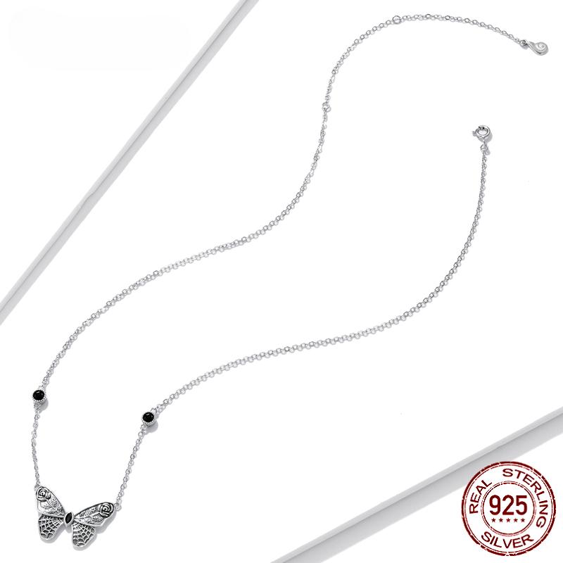 Silber Vintage Dark Gem Big Butterfly Halskette für Frauen 925 Sterling Silber Schmuck Ball Party Halloween Geschenk Halsband