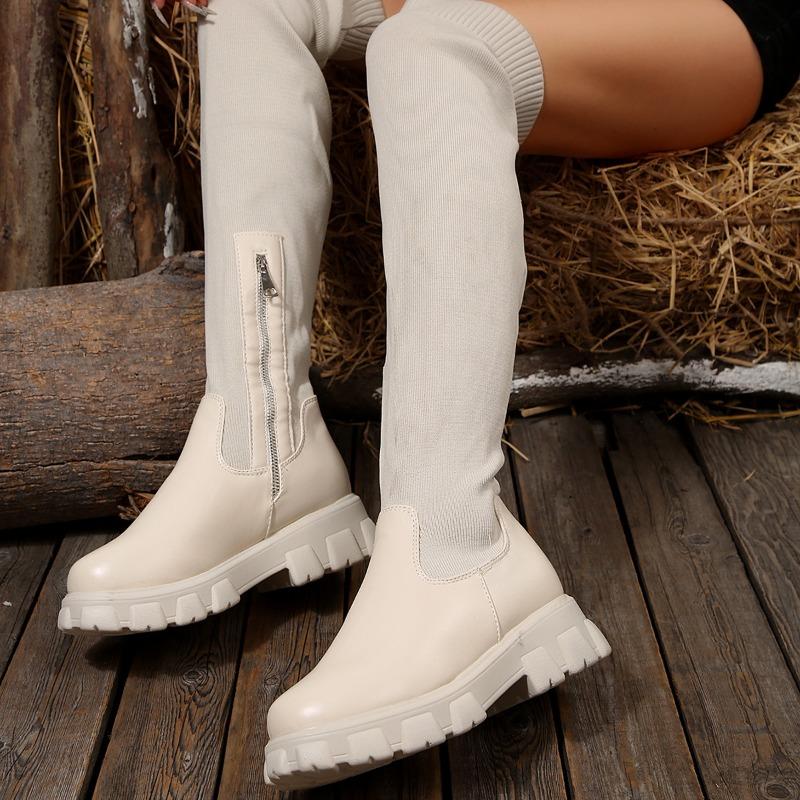 

Ботинки большого размера для женской осени и зимы, новые, с круглым носком, на толстой подошве, до колена, вязаные, эластичные женские ботинки 38 белый