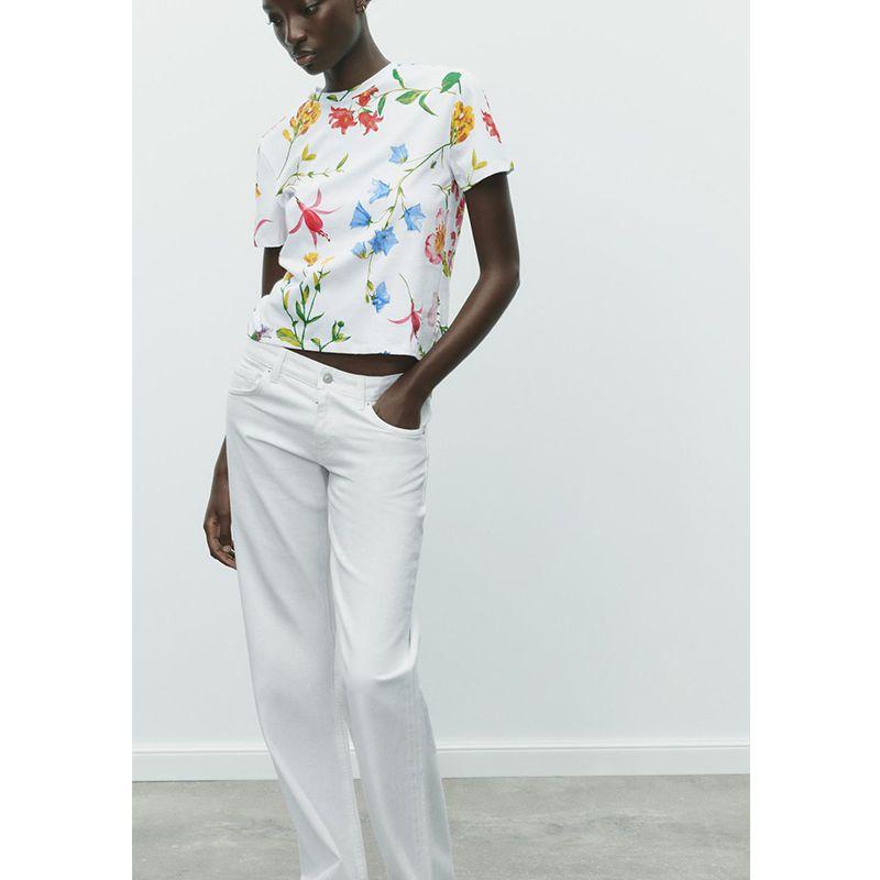 Summer New Product Women's Clothes French Straight Cotton Silm Print Round Neck Short Sleeve T-shirt Top 0264335