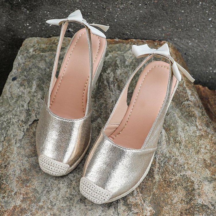 European & American Snakeskin Pattern Jute Wedge Women's Closed-Toe Backless Summer Sandals, Plus Size High Heel Shoes