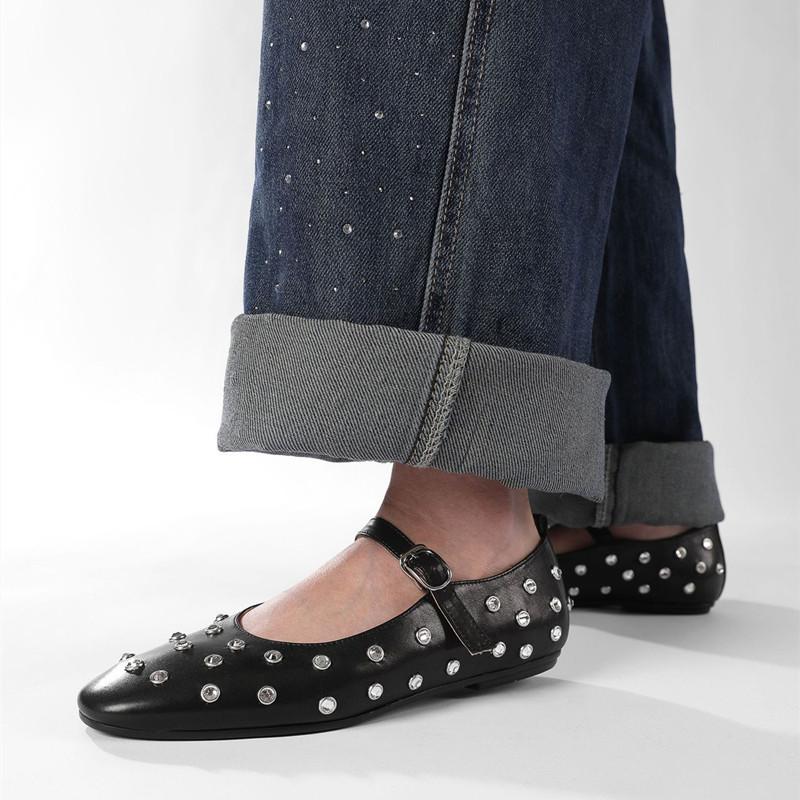 Fashion Fashion Rhinestones Rivets Studded Women Ballet Flats Comfortable Soft Soles Mary Jeans Walking Lazy Loafers Casual Girls Shoes