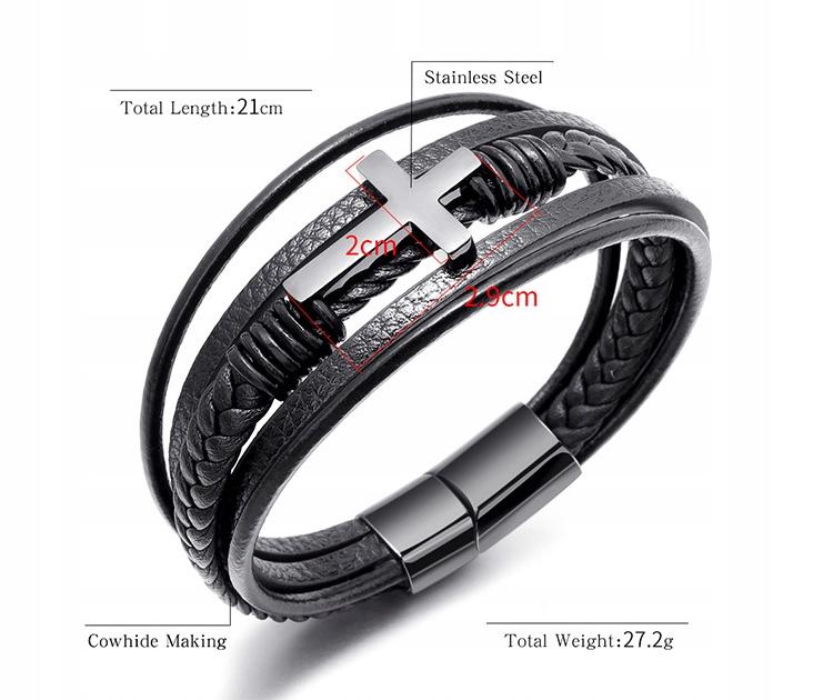 Men's Black Leather Bracelet Braided Silver Cross Surgical Steel