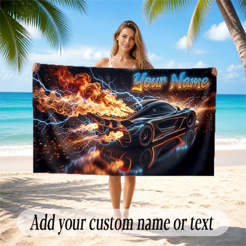 Car Racing Theme Beach Towel Personalized Custom Name & Text Soft Quick Dry Beach Towel for Swimming Travel