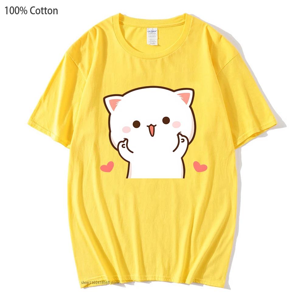 Cute Peach and Goma Mochi Cat Tshirt Women Cartoon Print Shirts Female Girls Kawaii Clothes Funny Tees Cotton Tops