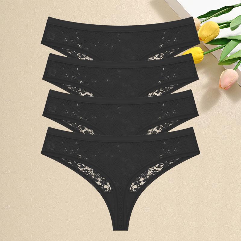 

FINETOO 4 шт. кружевные трусики-стринги с вырезами, женское нижнее белье с цветочным принтом, сексуальные трусики-стринги с низкой посадкой, мягкое перспективное нижнее белье для девушек XL&4pcs